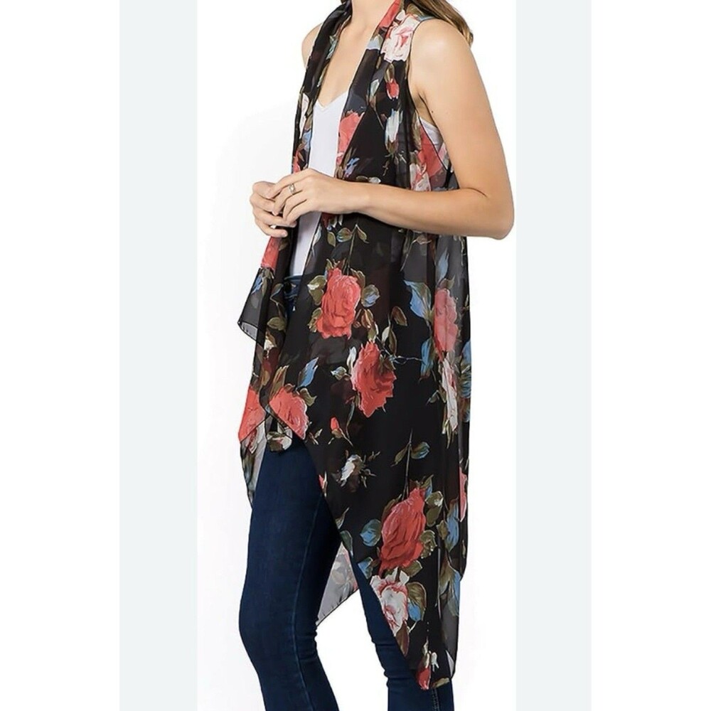 G Sheer Cardigan Womens OSFM Open Asymmetrical Hem Vest  Black Floral Flowy